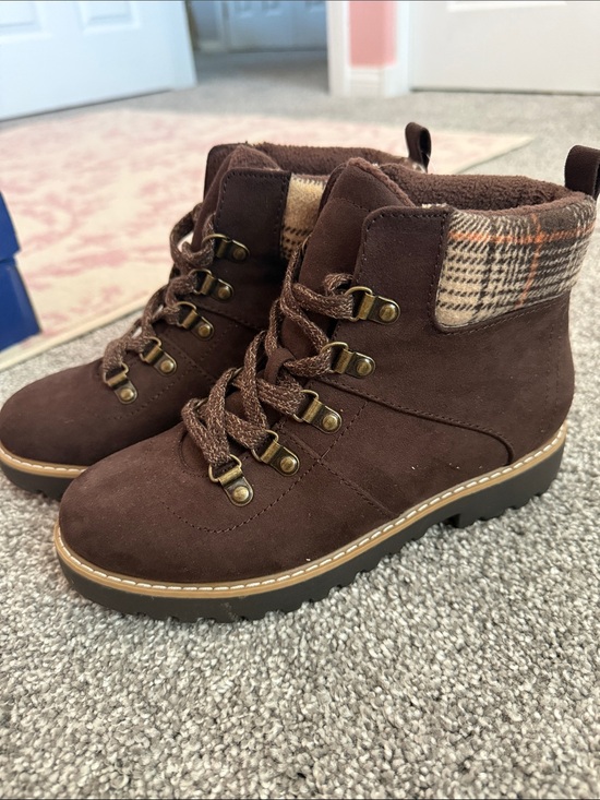 Sonoma Goods For Life Shoes - Women's Brown Suede Lace-Up Ankle Booties with Plaid Cuff